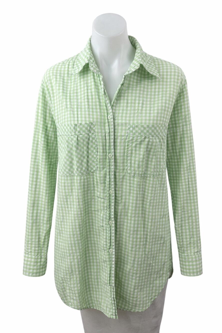 Stradivarius Green Gingham Check Collared Long Sleeve Button Down Shirt Top Sz S